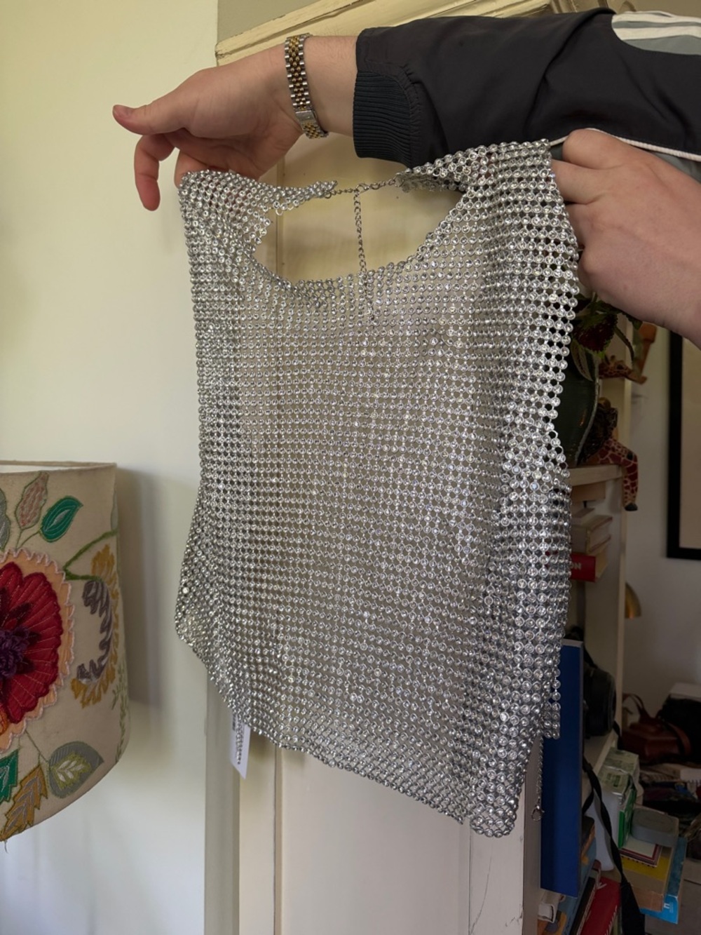 12th Tribe Silver Rhinestone Mesh Tank Top